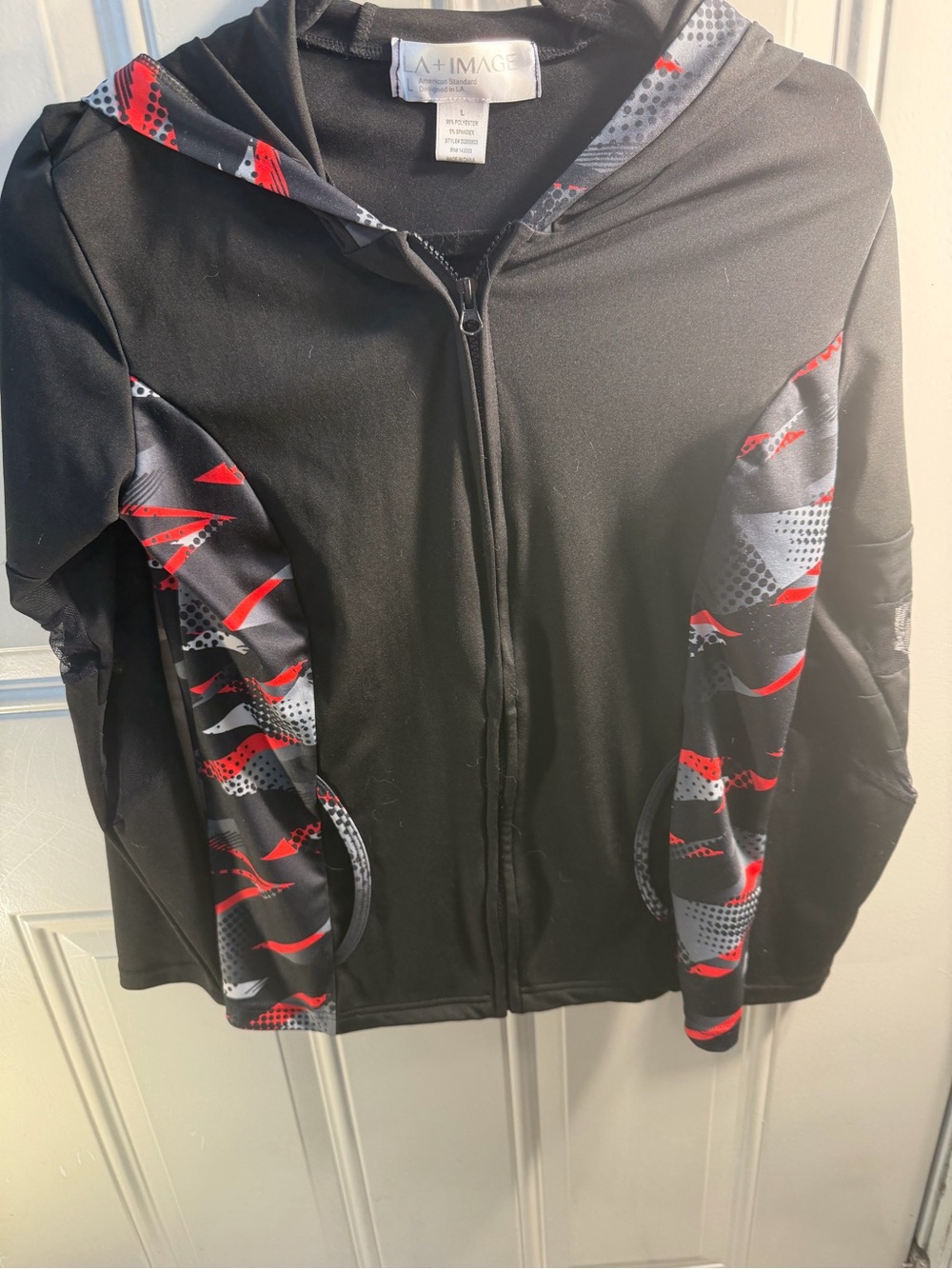 LA + Image - Black Zip-Front Hoodie Jacket with Red Accent Panels